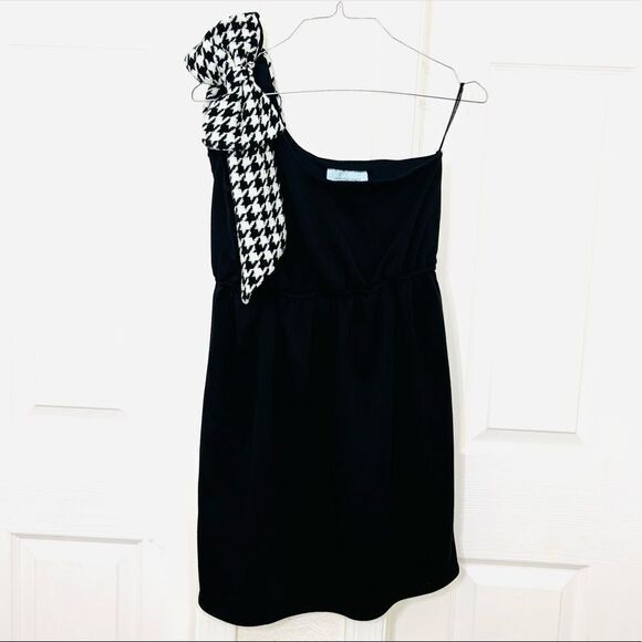 Judith March One Shoulder Little Black Dress With Large Houndstooth Bow Medium - Picture 1 of 11